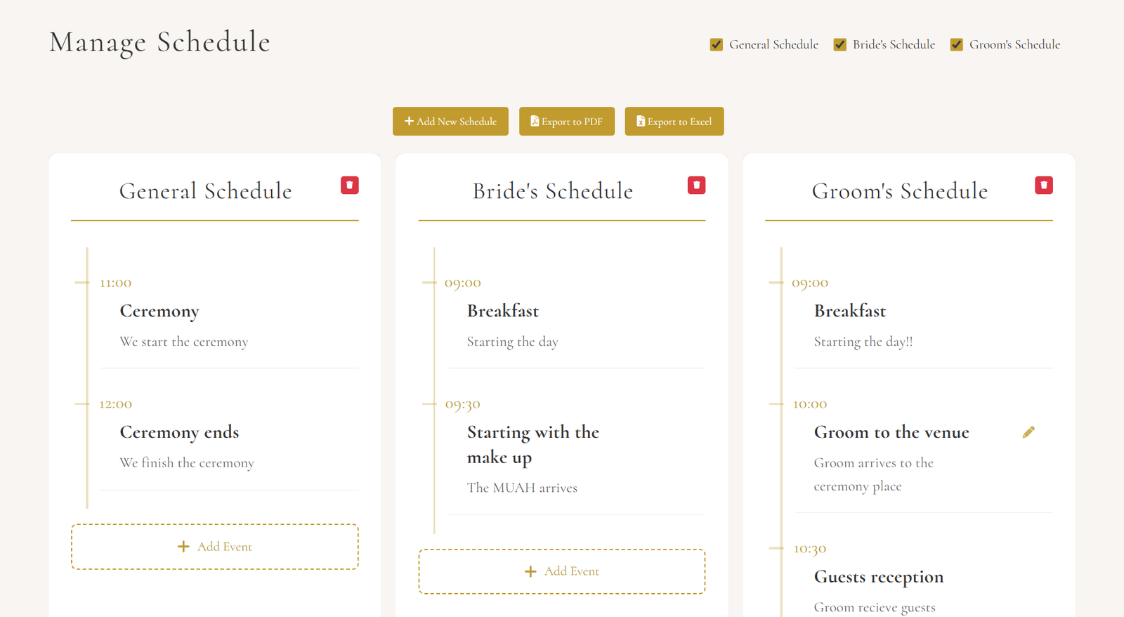 Wedding schedule management